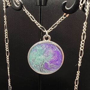 Silver Pendant Necklace with Purple and Green Accents